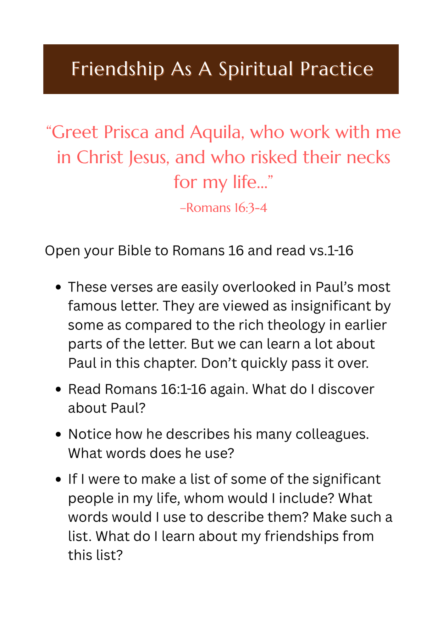 Bible study handout about friendship and Romans Bible study handout about friendship and Romans
