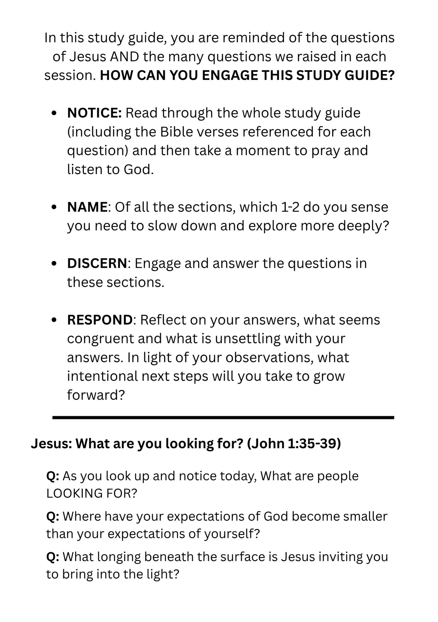 Religious study guide page with reflection questions Religious study guide page with reflection questions
