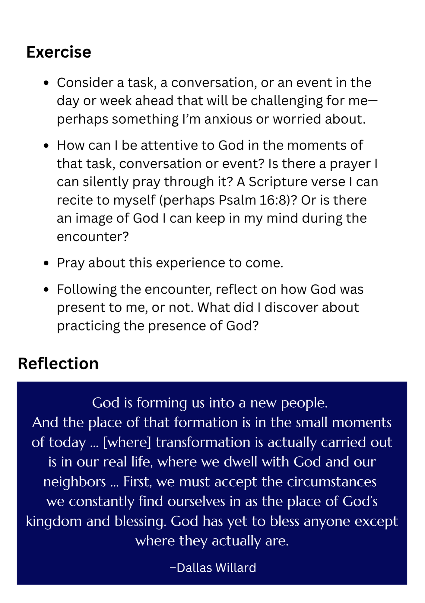 Page with spiritual exercise and reflection Page with spiritual exercise and reflection