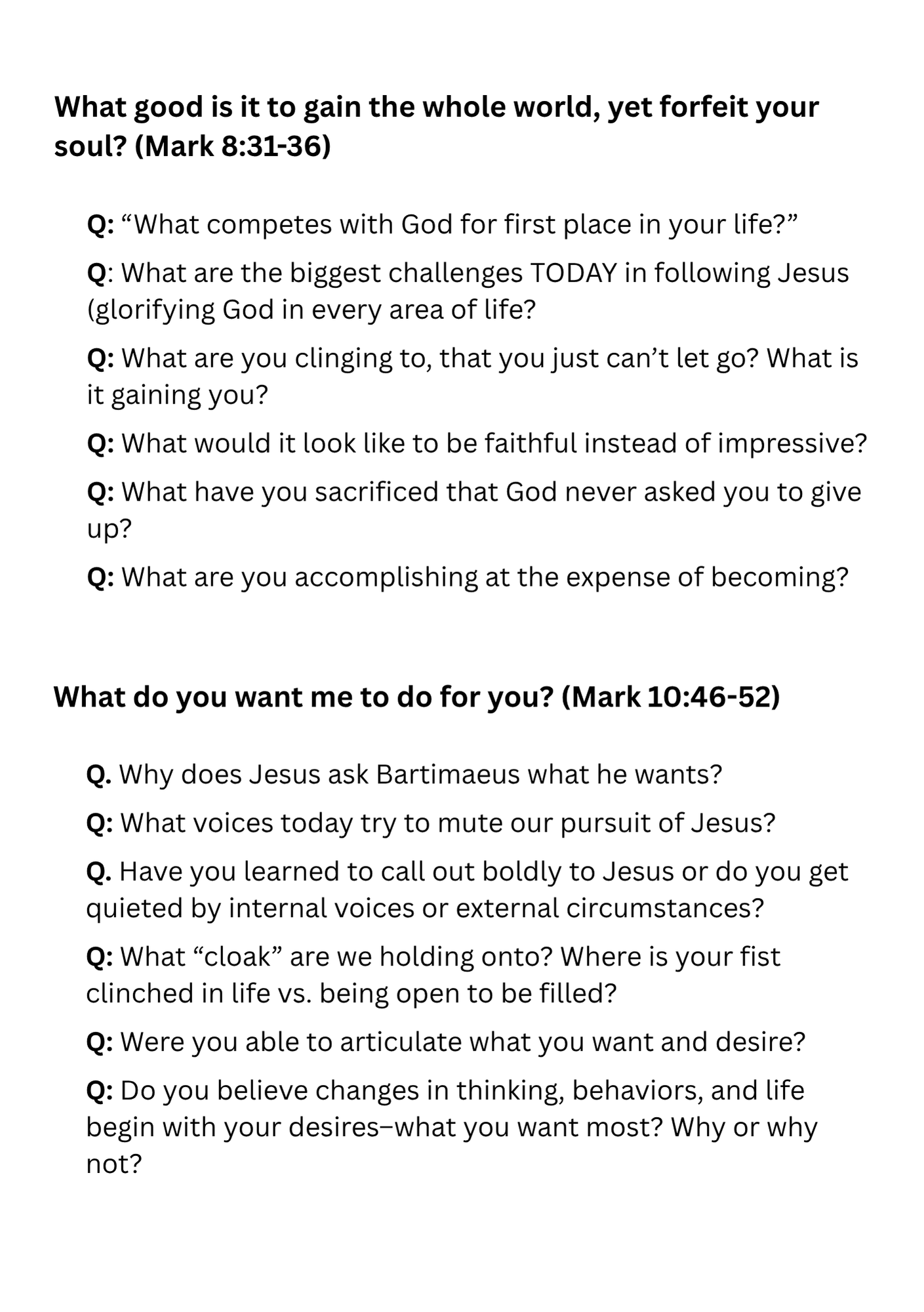 Bible study questions from Mark passages Bible study questions from Mark passages
