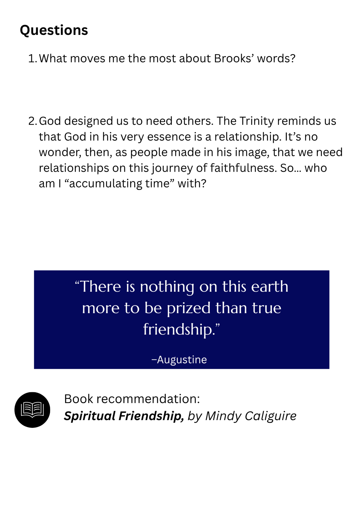Questions page with Augustine friendship quote Questions page with Augustine friendship quote