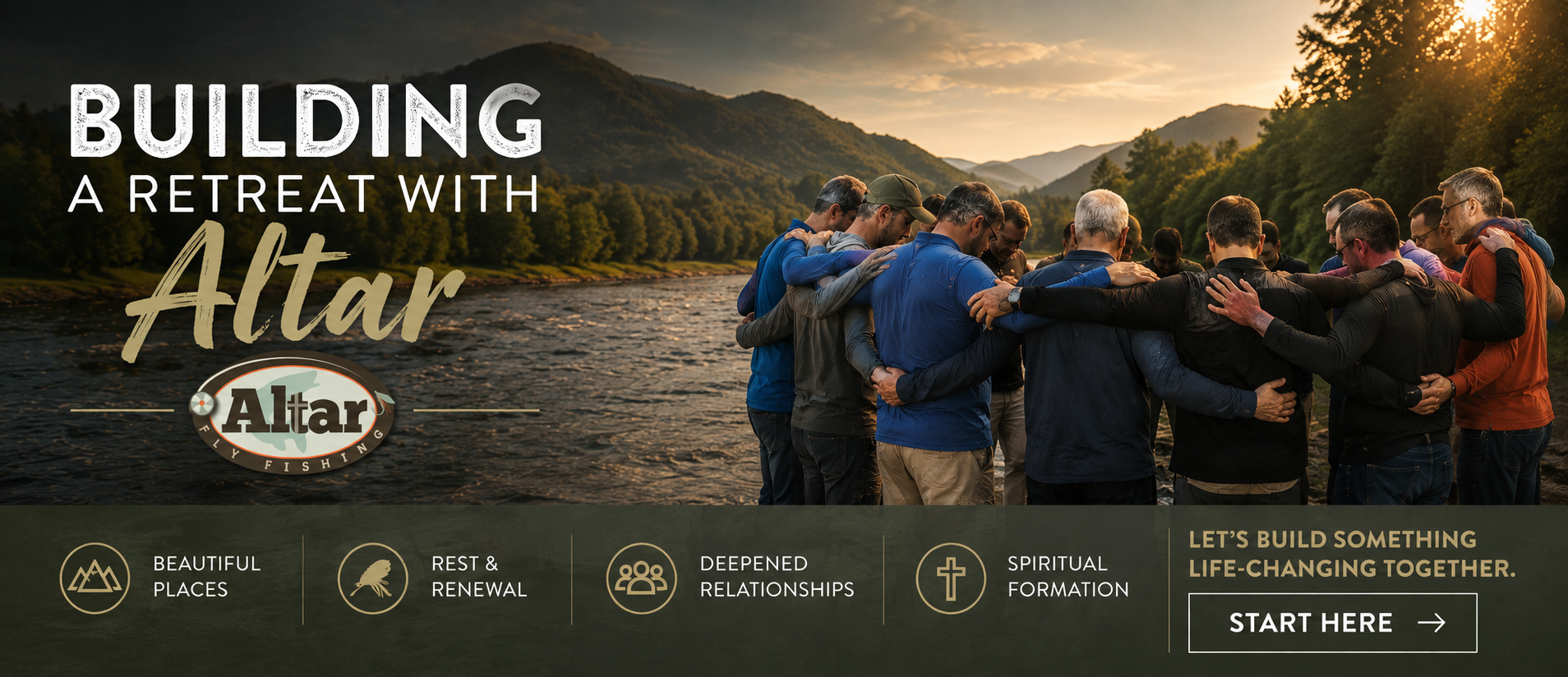 People embracing in a circle by riverside People embracing in a circle by riverside