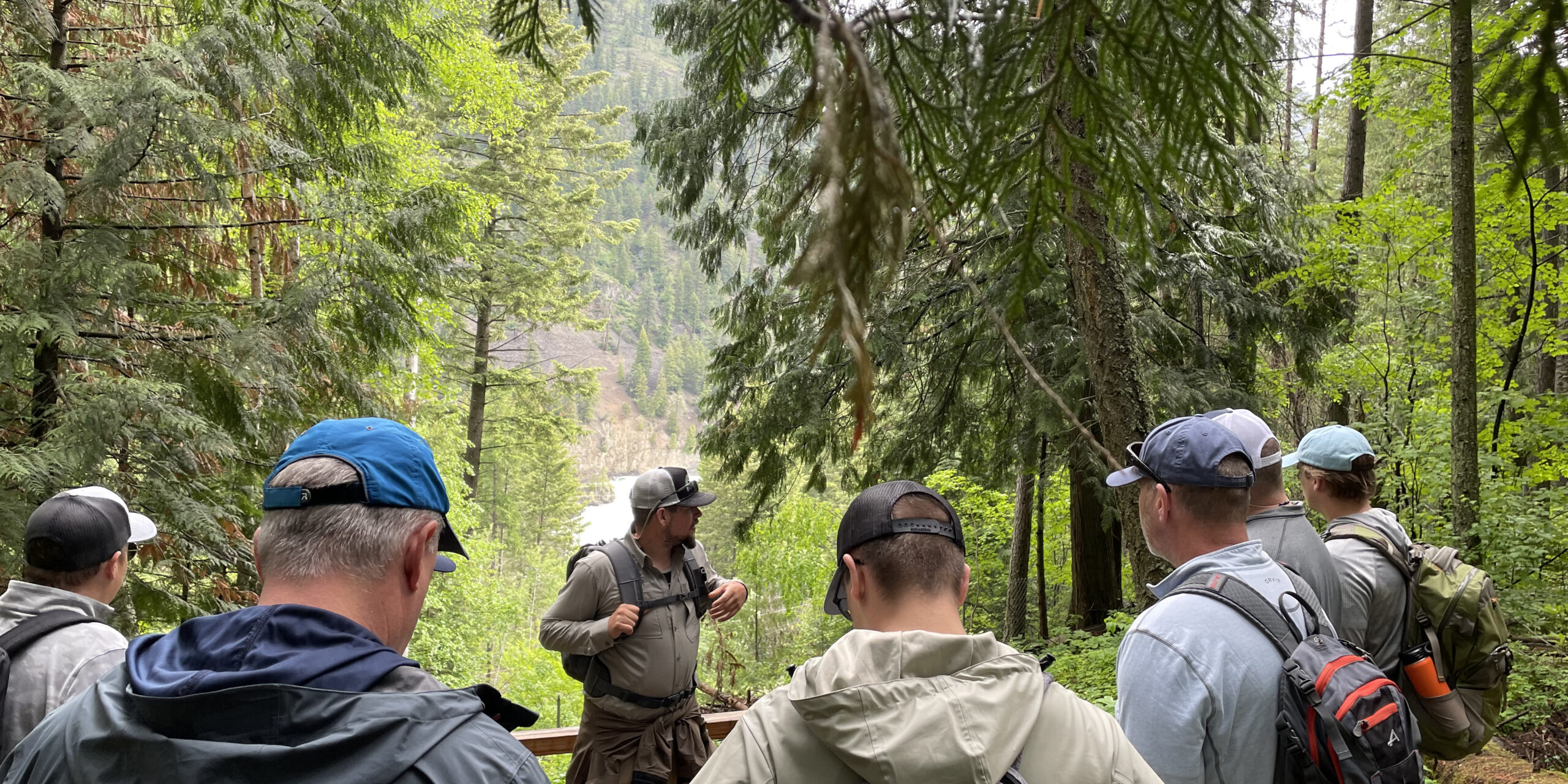 Hiking group listening to guide in forest Hiking group listening to guide in forest